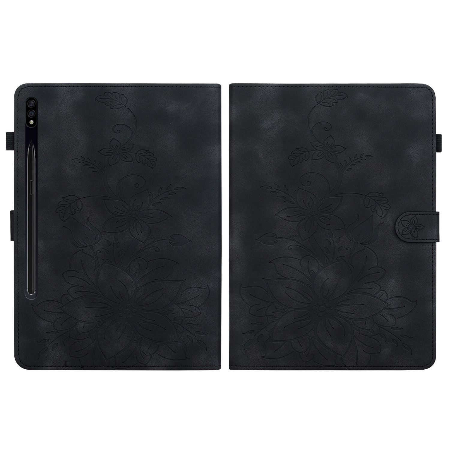 Husa tableta compatibila cu Samsung Galaxy Tab S7 FE/S8+/S7+, piele gravata cu motive florale, neagra