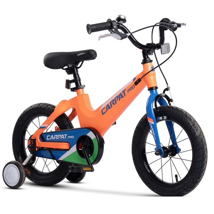 Детски MTB велосипед с 16" колела, алуминиева рамка, интегрирани кабели, предна C-спирачка/задни барабанни спирачки, тренировъчни колела, оранжево/синьо, PRO Kids Carpat за възраст 4/6 години - между 110-115 см