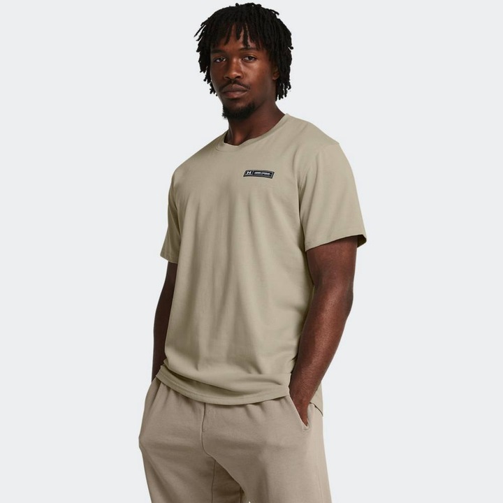 Tricou sport barbati, Under Armour, HW Label SS, decolteu rotund, bej, bumbac si poliester