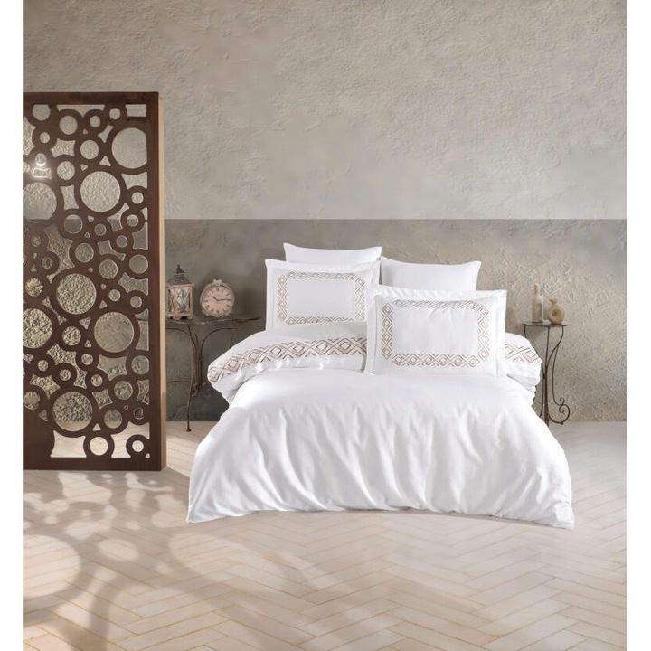 Lenjerie de pat Valentina cu borderie aplicata, premium quality, 6 piese, 200x220 / 50x70, 100% bumbac satinat, alb-crem