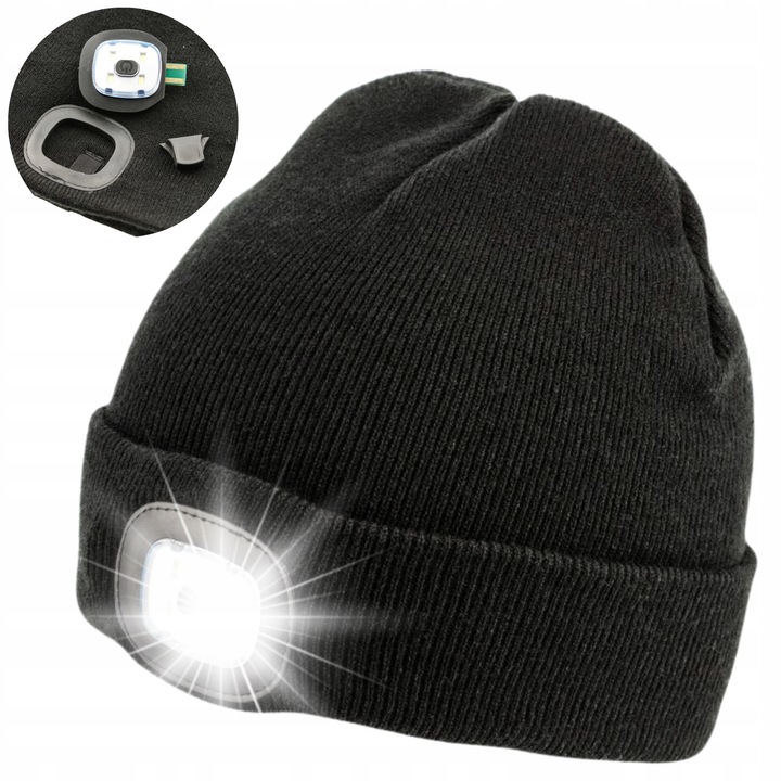 LED-es téli sapka, fekete, univerzális, USB zseblámpával, akrilból