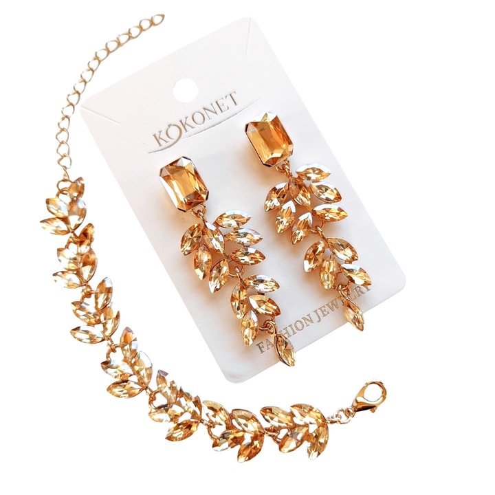 Set impresionant de bijuterii cercei si bratara elegante, pentru evenimente si nunta, aurii, cu zirconii sampanie