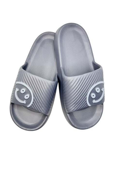 Papuci de plaja sau piscina pentru adulti, Tecos®, usori, cu imprimeu HAPPY FACE, Gri