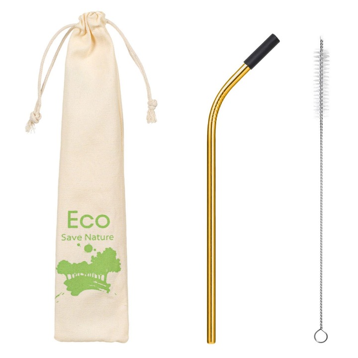 Златен силиконов накрайник със сламка от неръждаема стомана с четка и калъф Ø0,6x21,5 см