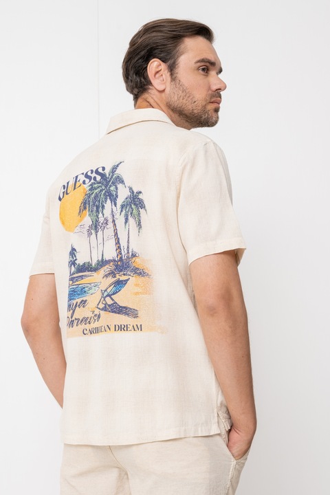 GUESS, Camasa cu maneci scurte si imprimeu pe partea din spate, Bej/Albastru