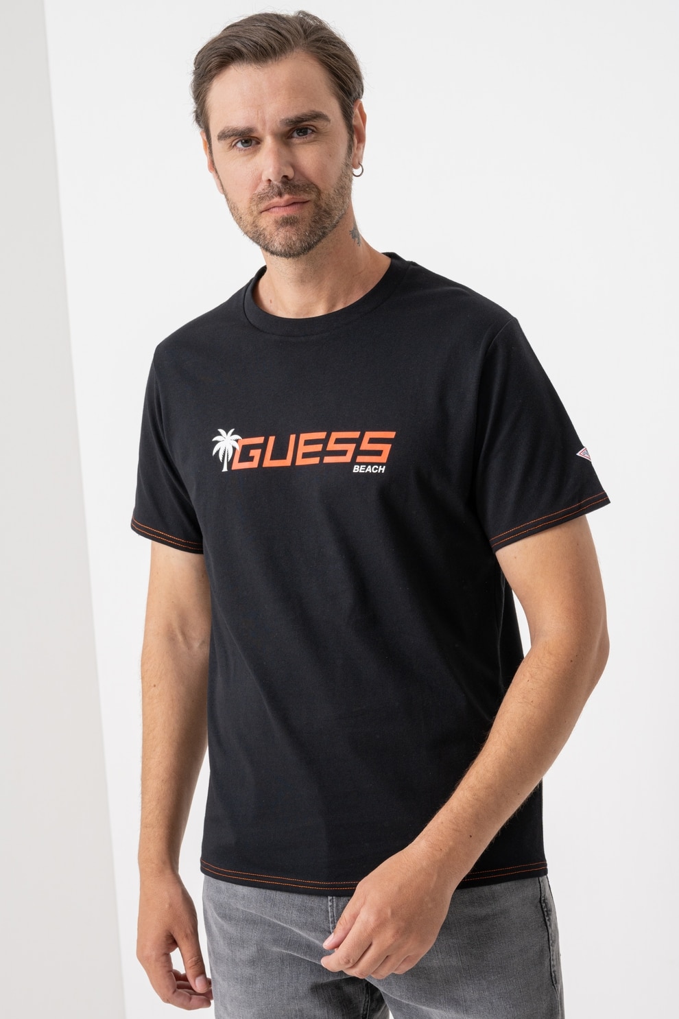 GUESS, Tricou cu imprimeu logo, Negru, Portocaliu, S