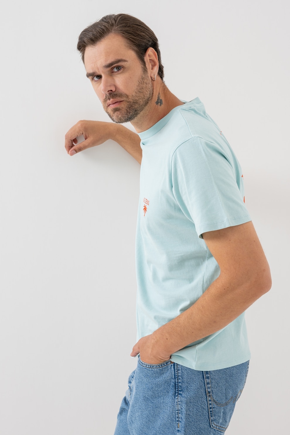 GUESS, Tricou cu imprimeu logo pe partea din spate, Portocaliu, Albastru aquamarin, S