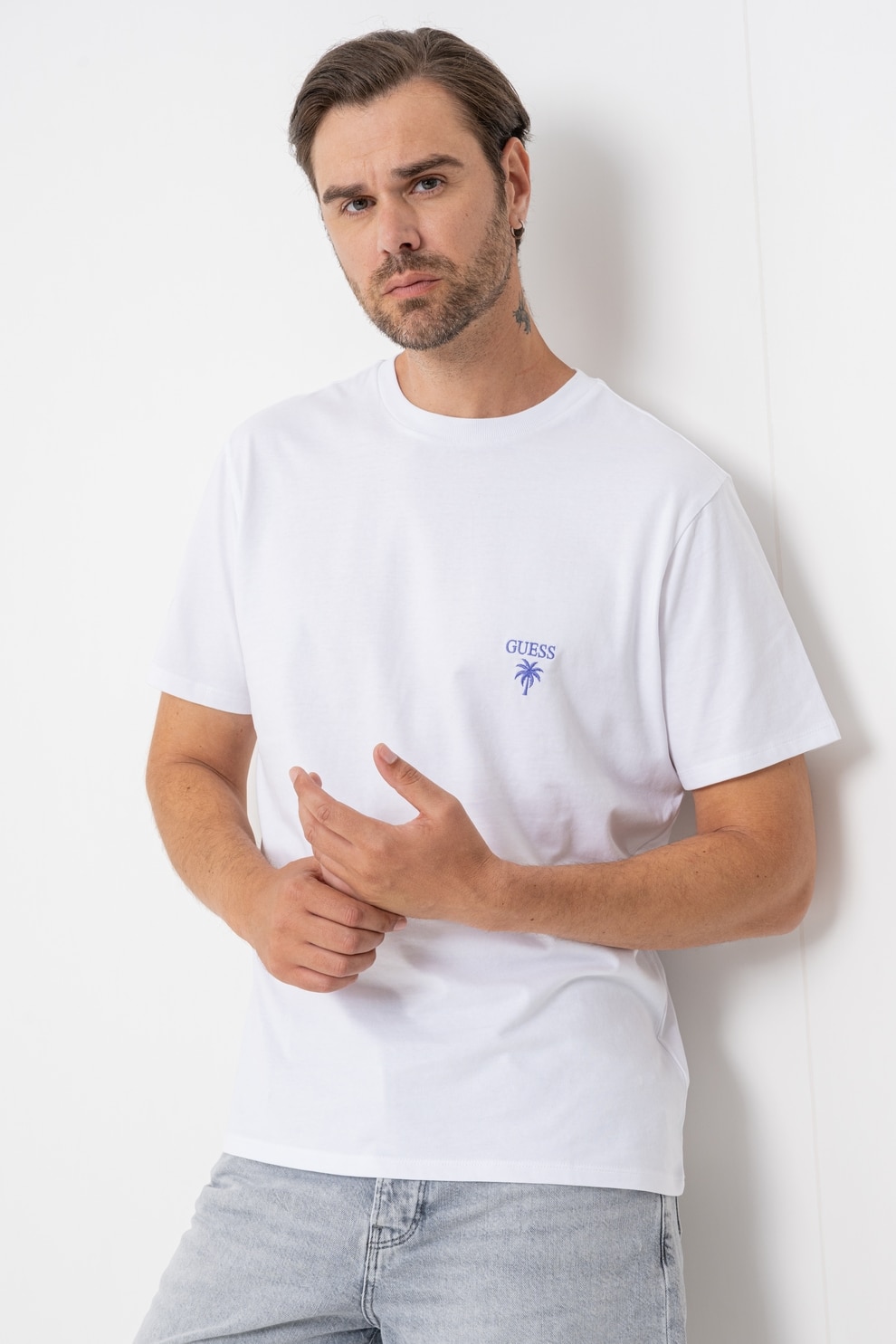 GUESS, Tricou cu imprimeu logo pe partea din spate, Alb, Violet, S