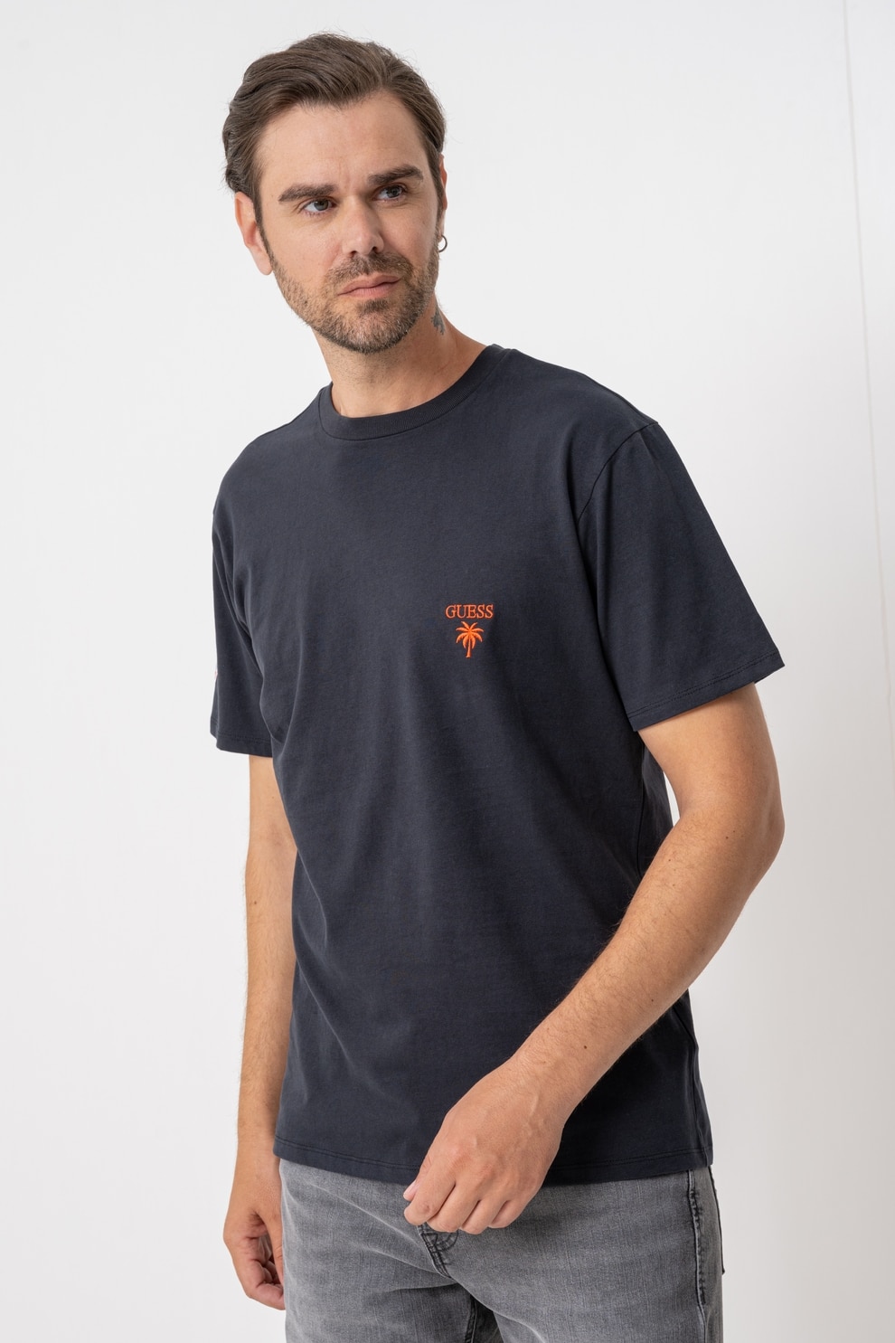GUESS, Tricou cu imprimeu logo pe partea din spate, Negru, Portocaliu, S