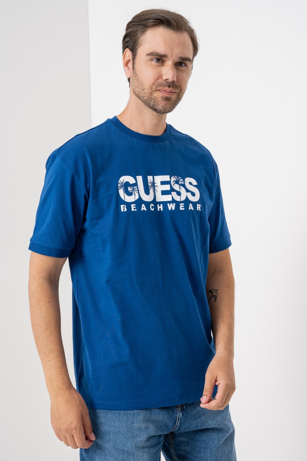 GUESS, Tricou cu imprimeu logo, Alb, Albastru inchis, M