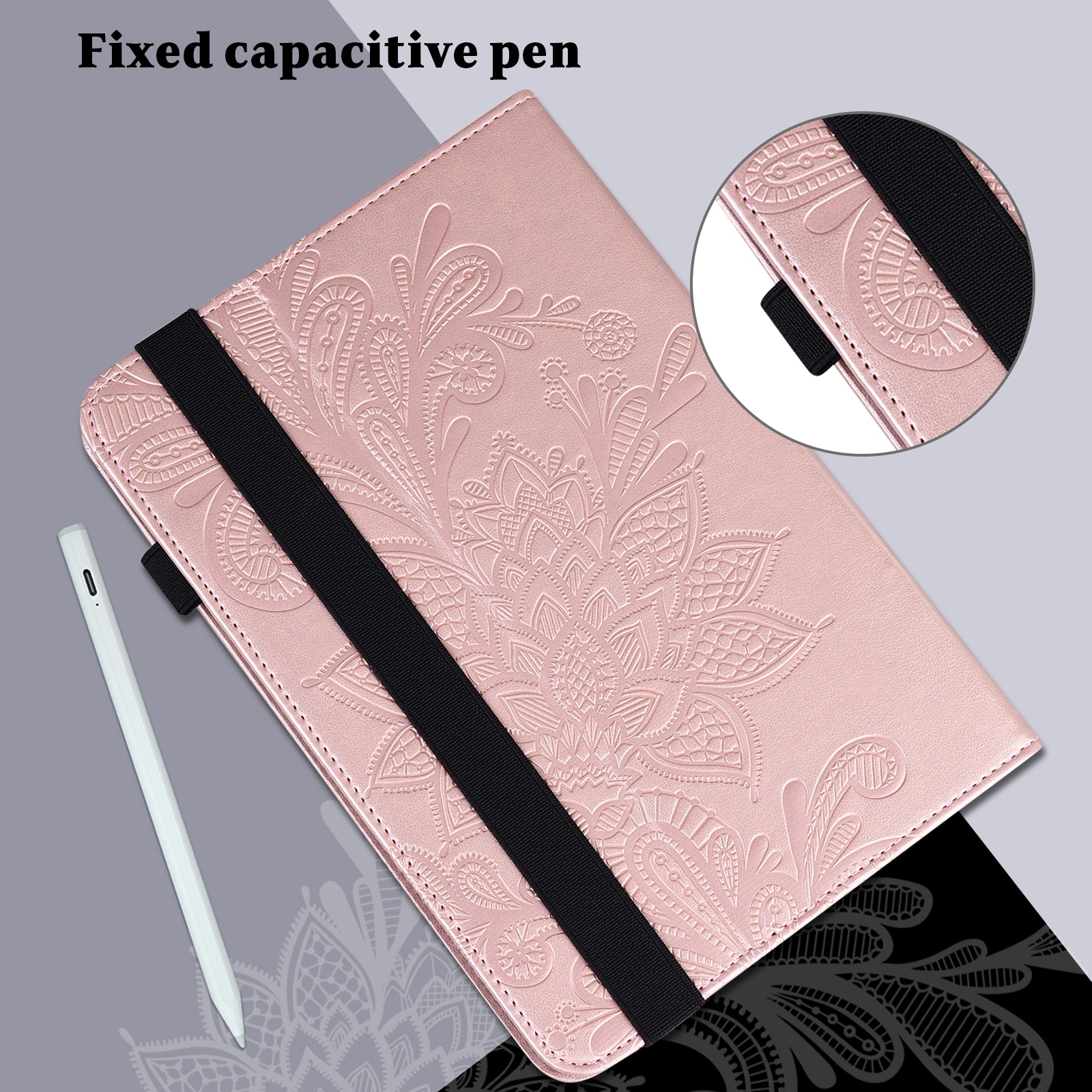 Husa tableta pentru Lenovo Tab M9, piele cu model floral embosat, tip carte, suport, inchidere magnetica, aurie