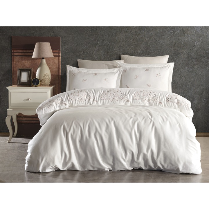 Lenjerie de pat Asrin cu borderie aplicata, premium quality, 6 piese, 200x220 / 50x70, 100% bumbac satinat 200T