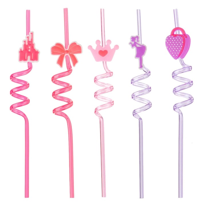 Paie din plastic reutilizabile spiralate transparente roz lila castel ø6x270mm - 5buc