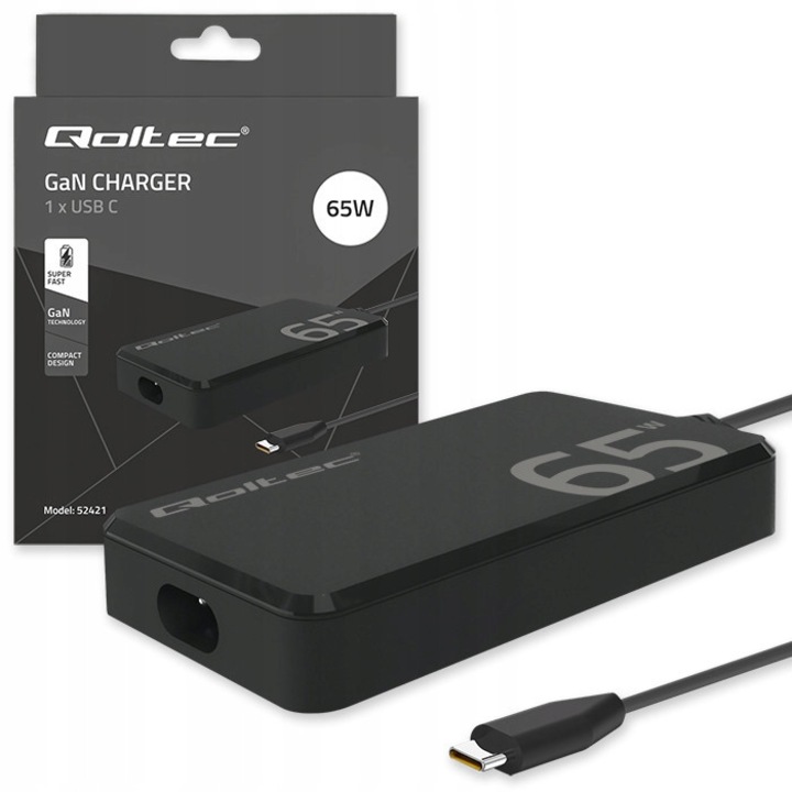Gan 65W Usb-C töltő kábellel, Qoltec, 52421, Maximális teljesítmény: 65 W, Bemeneti feszültség: 220 - 240 V, Kimeneti feszültség: 5-20 V, Kábel hossza: 1,80 M, Méretek: 60 x 110 x 16 mm, Fekete