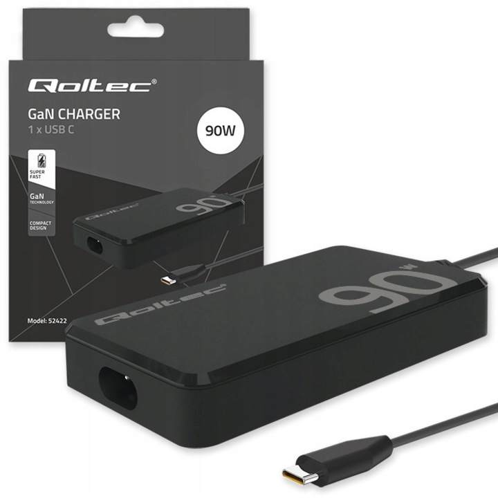 Qoltec 52422 USB-C töltő kábellel, 90W, GaN (gallium nitrogén) technológiás, rövidzárlat, túlterhelés és túltöltés védelem, 60 x 110 x 16 mm, fekete