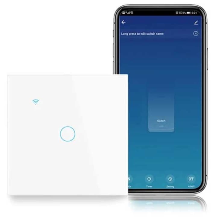 OEM Fehér WiFi-s okos érintőkapcsoló – hangvezérlés, intelligens élet / Tuya alkalmazás, 10A, edzett üveg előlap, LED kijelző, elegáns dizájn, süllyesztett szerelés