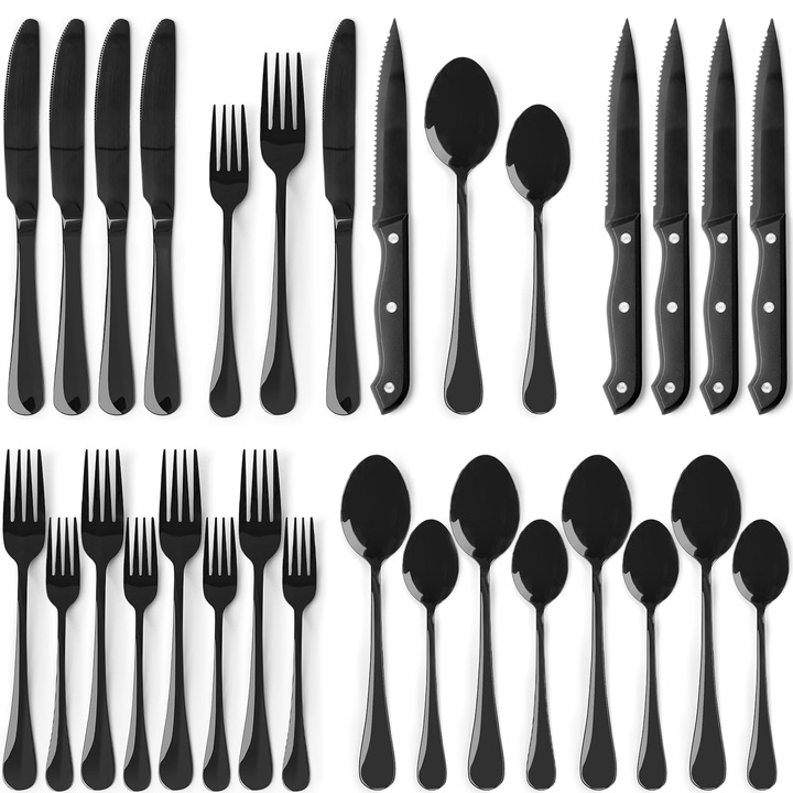 Set tacamuri 24 piese HNSMART, inox, cutite pentru friptura, finisaj lucios, negru