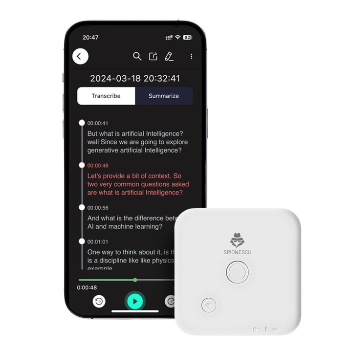 AI интелигентен диктофон 64 GB, Spionescu, ChatGPT автоматична транскрипция и резюмета, поддържа 100 езика, 1000 часа капацитет на запис, 8 часа живот на батерията, управление на приложението, магнитен, бял