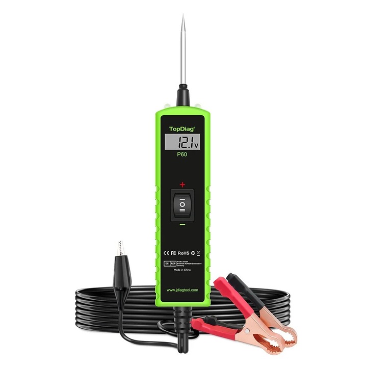 TopDiag P60 autós elektromos áramkör tesztelő, 6-30V, Diagnosztika LCD kijelzővel, rövidzárlat észlelés, polaritás azonosítás, diódák, földelés, alkatrész aktiválás, LED zseblámpa, 4 m hosszú kábel