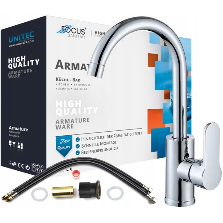 Baterie bucatarie chiuveta crom lucios inalta, robinet rotativ 360°, montaj pe blat, design modern curbat, pipa arc cromata, baterie zleu bucatarie, set complet instalare, robinet apa calda-rece, usor de montat