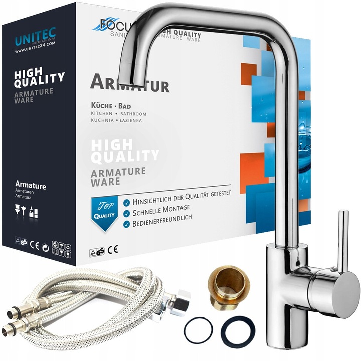 Baterie bucatarie chiuveta crom lucios inalta, robinet rotativ 360°, montaj pe blat, design modern curbat, pipa arc cromata, baterie zleu bucatarie, set complet instalare, robinet apa calda-rece, usor de montat