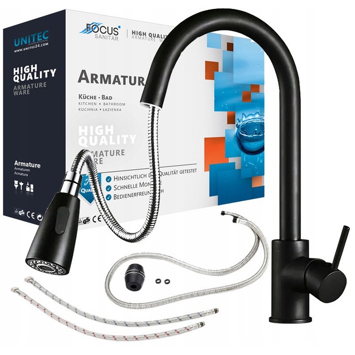 Baterie bucatarie chiuveta neagra cu pipa flexibila extractibila, 2 functii jet apa, robinet inalt rotativ 360°, montaj pe blat, mixer modern negru mat, baterie zlewozmywak, set complet instalare, design elegant