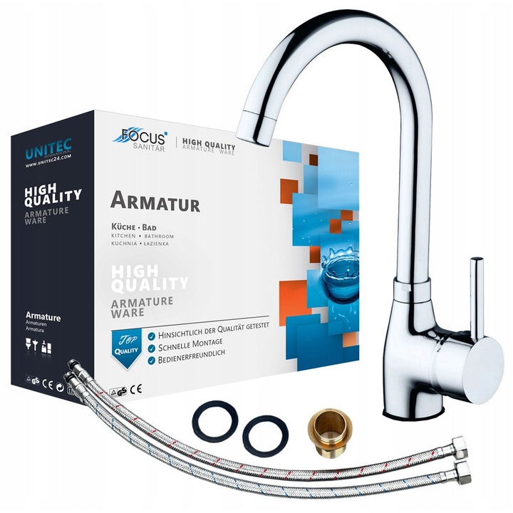 Baterie bucatarie chiuveta crom lucios inalta, robinet rotativ 360°, montaj pe blat, design modern curbat, pipa arc cromata, baterie zleu bucatarie, set complet instalare, robinet apa calda-rece, usor de montat