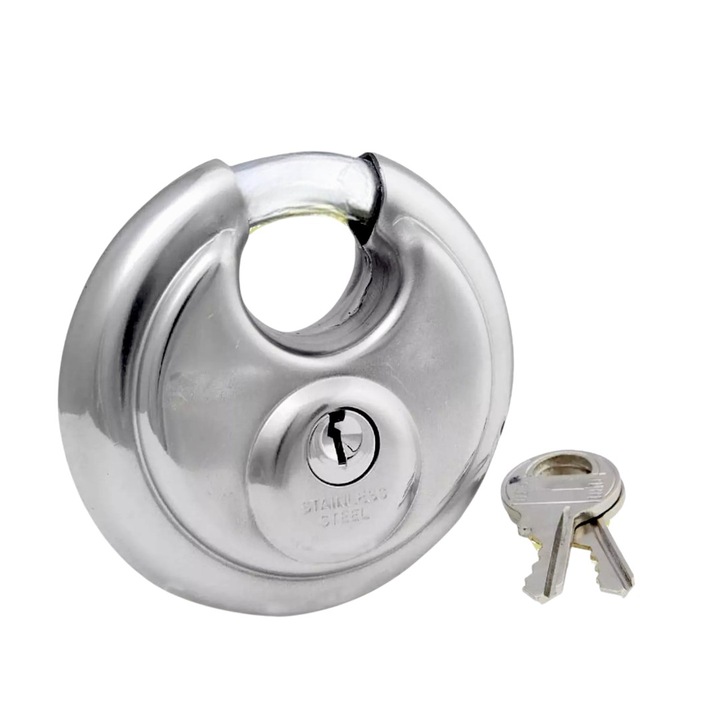 Lacat rotund, diametru/grosime 70/20 mm, discuri din otel inoxidabil, cu pachet 2 chei rezerva, uz extern/intern, argintiu, rezistent uzura si coroziune