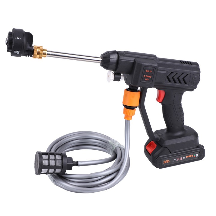 Pistol de spalat portabil cu presiune 300W, 24V, 30bar, 6 duze multifunctionale, 5m furtun, 2 baterii