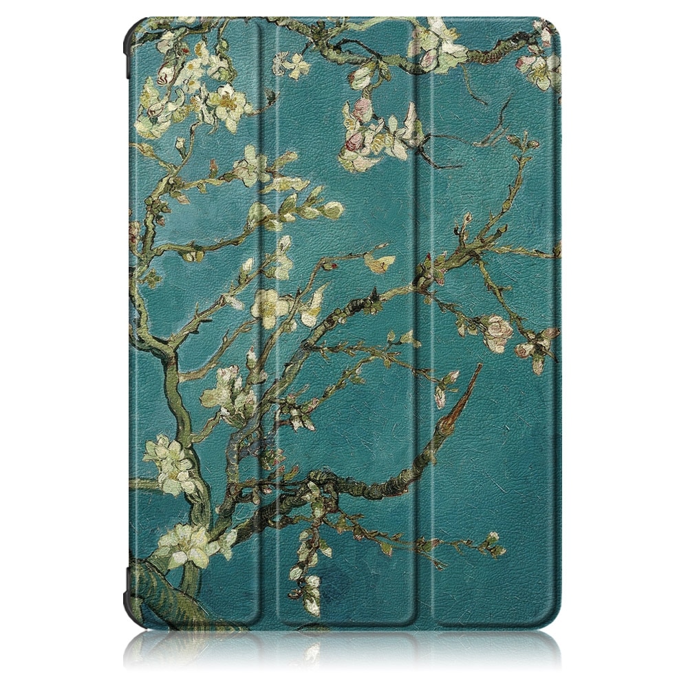 Husa tableta compatibila cu Samsung Galaxy Tab S7 FE 12.4 inch, piele TPU pictata, cu suport 3 pliuri si functie de somn/trezire, floare de caisa