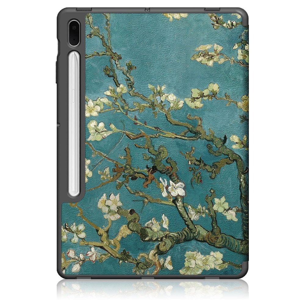 Husa tableta compatibila cu Samsung Galaxy Tab S7 FE 12.4 inch, piele TPU pictata, cu suport 3 pliuri si functie de somn/trezire, floare de caisa