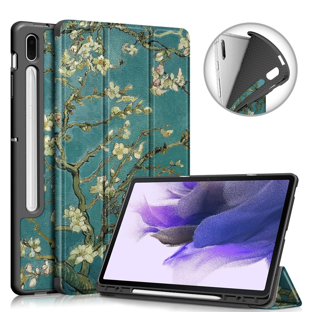 Husa tableta compatibila cu Samsung Galaxy Tab S7 FE 12.4 inch, piele TPU pictata, cu suport 3 pliuri si functie de somn/trezire, floare de caisa