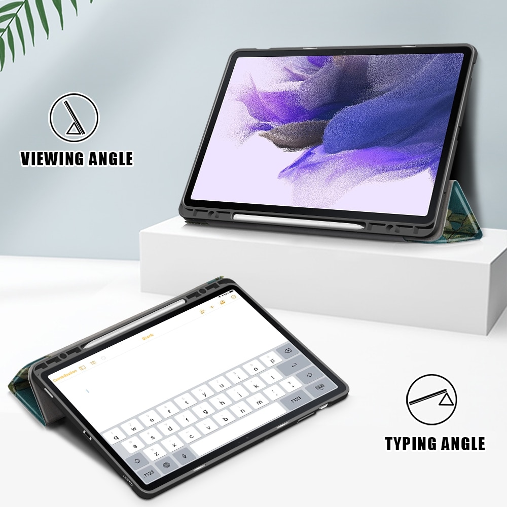 Husa tableta compatibila cu Samsung Galaxy Tab S7 FE 12.4 inch, piele TPU pictata, cu suport 3 pliuri si functie de somn/trezire, floare de caisa