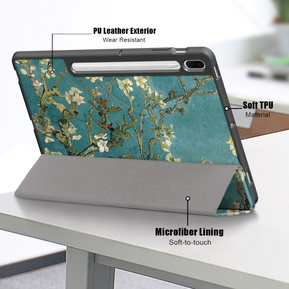Husa tableta compatibila cu Samsung Galaxy Tab S7 FE 12.4 inch, piele TPU pictata, cu suport 3 pliuri si functie de somn/trezire, floare de caisa
