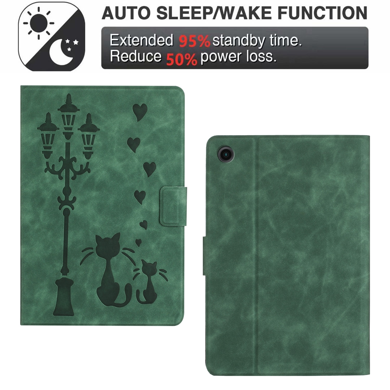 Husa tableta compatibila cu Samsung Galaxy Tab A9+, piele ecologica, tip carte, cu desen de pisici, verde