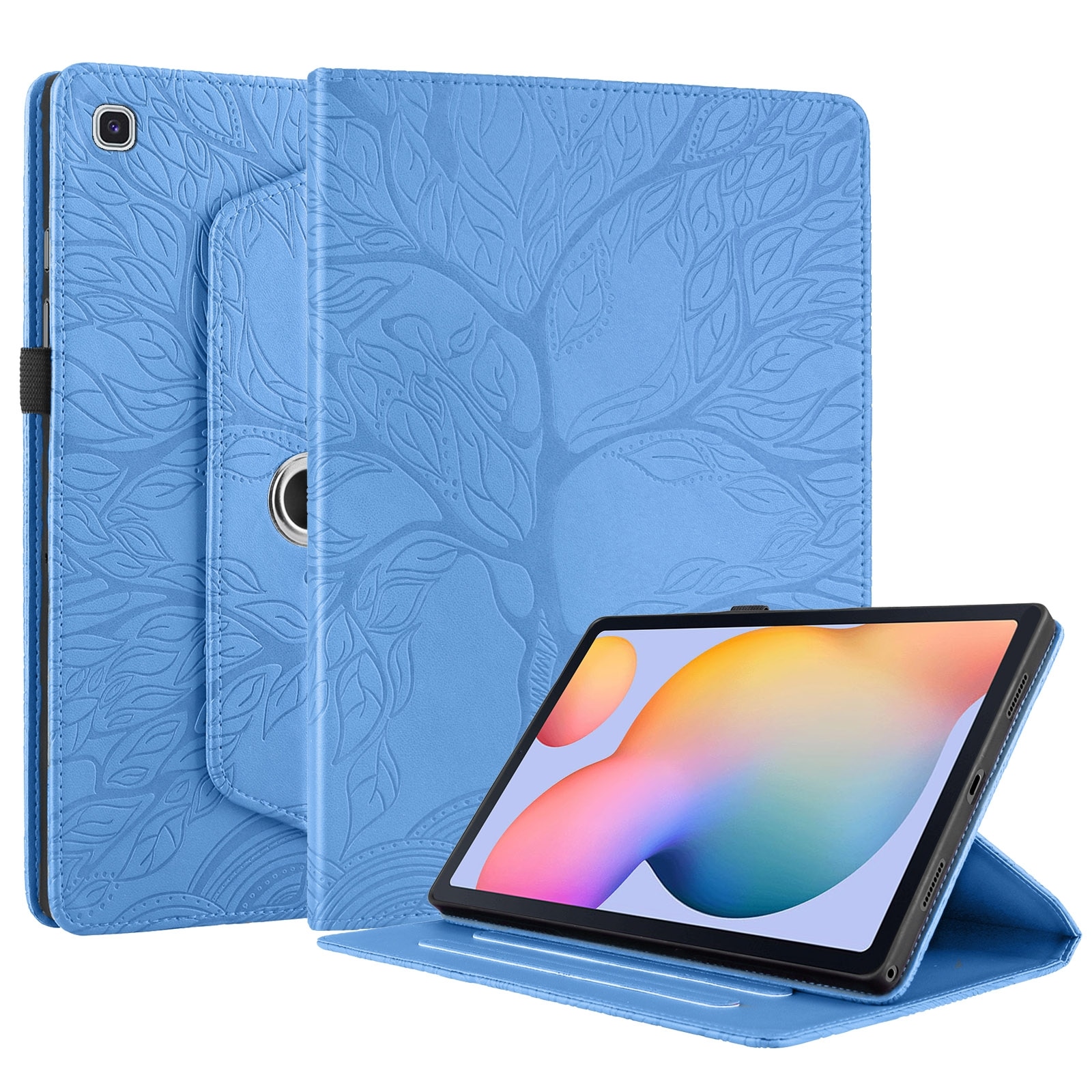 Husa tableta compatibila cu Samsung Galaxy Tab S6 Lite, piele cu design arbore de viataembosat, rotire, albastru