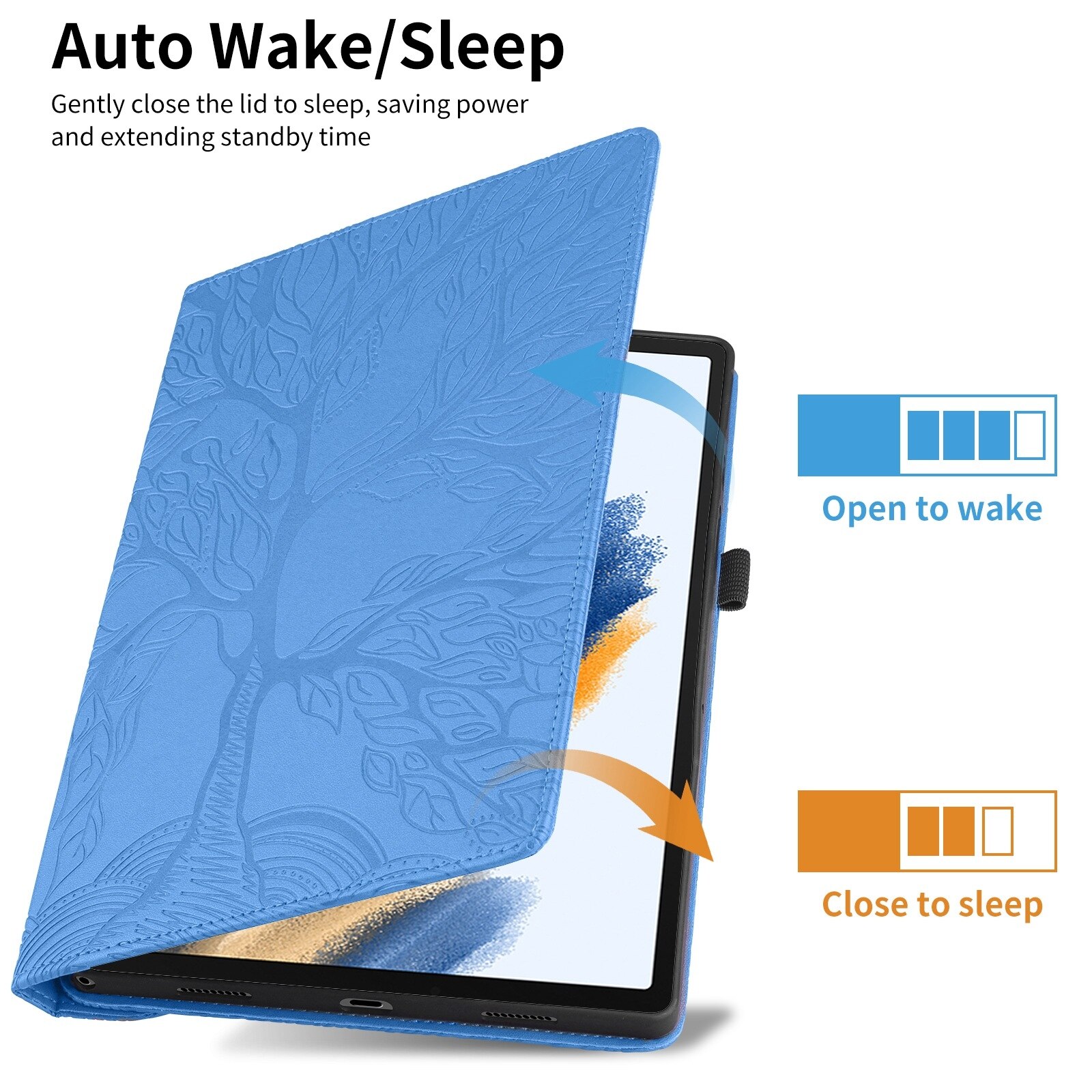 Husa tableta compatibila cu Samsung Galaxy Tab S6 Lite, piele cu design arbore de viataembosat, rotire, albastru