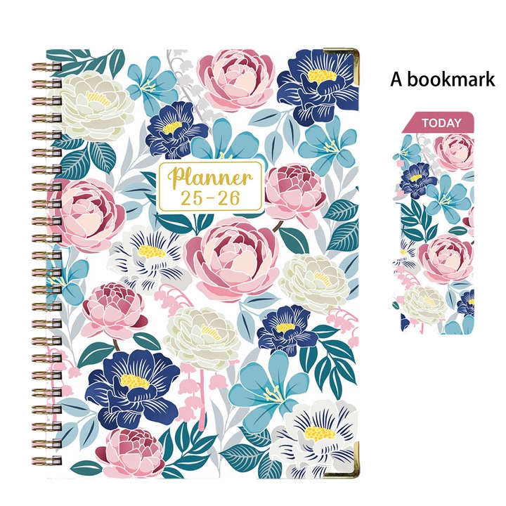 Planner A5, TREXORA, 12 luni, coperta florala, 21.7x15.8x1.5cm, roz