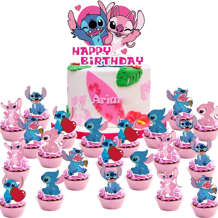 Set 25 Piese Decorare Tort, TREXORA, Design Cusut, Culoare Roz si Albastru