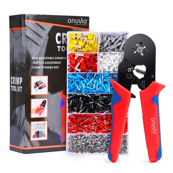 Trusa Sertizare Cabluri petru Panouri Electrice Onuvio™, Ferule, Cleste Sertizat Auto-reglabil cu revenire automata 0.25-10mm si 1300 piese Pini terminali