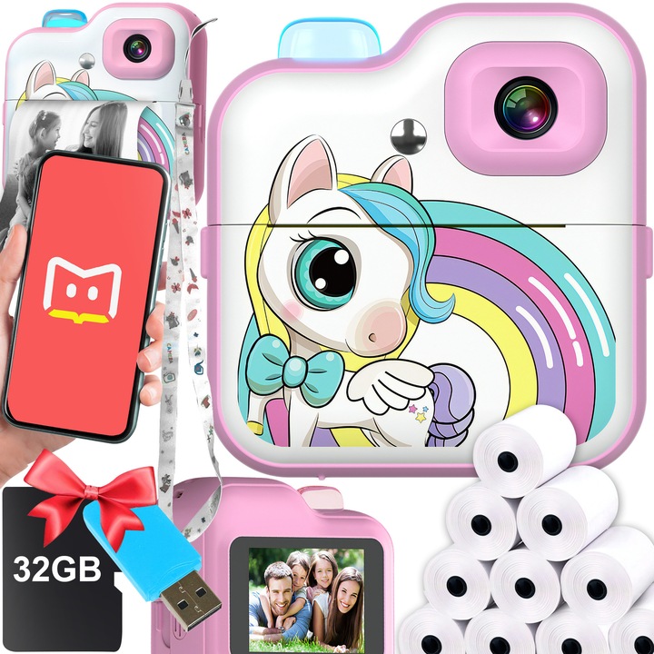 Aparat foto copii cu functie de printare, Rezolutie 48Mpx 1080P, Display LCD IPS HD Color 3.2″, Bluetooth 5.1, Aparate foto instant, model Unicorn, 10 role hartie incluse, card memori microSD 32 GB, incarcare USB-C Roz B3-PINK