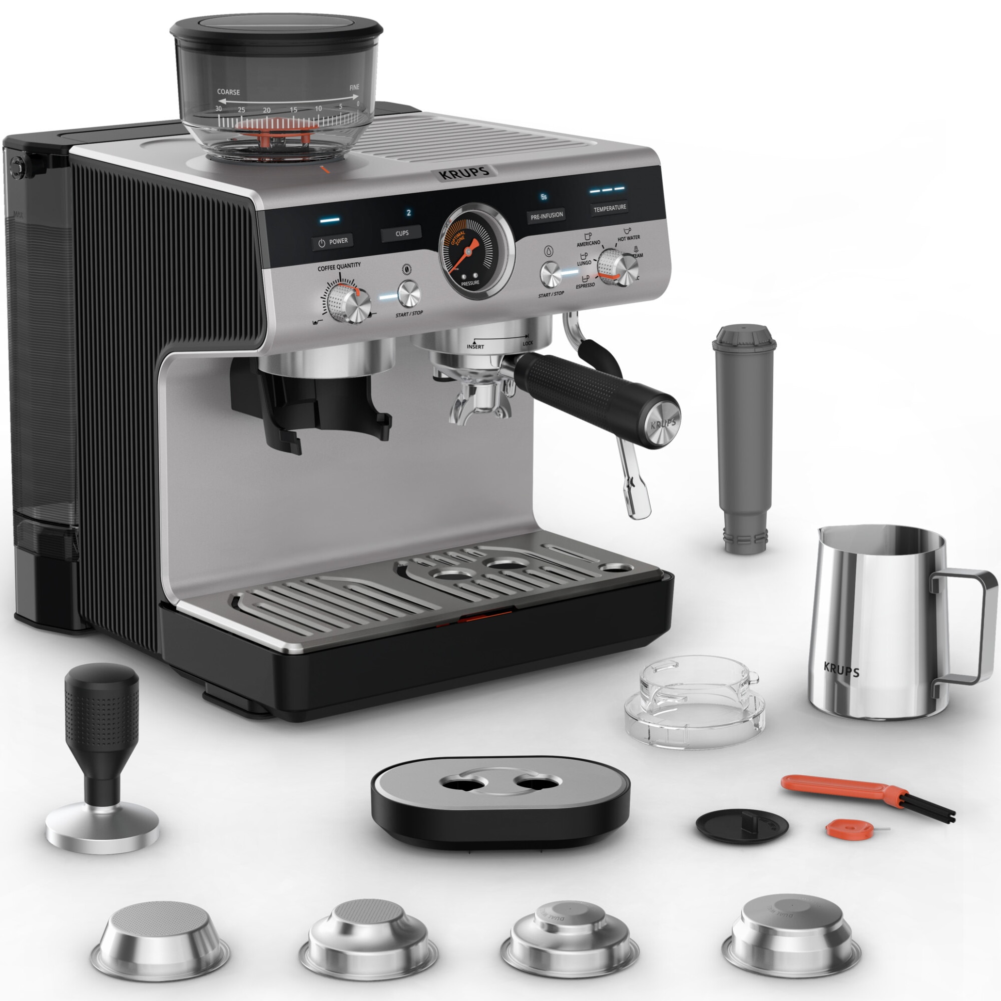 Espressor manual cu rasnita Krups Precision XP801T10, 15 bari, rezervor apa detasabil 3.5 L, 30 trepte de rasnire, 3 trepte temperatura, 3 trepte pre-infuzare, duza cappuccino & ap