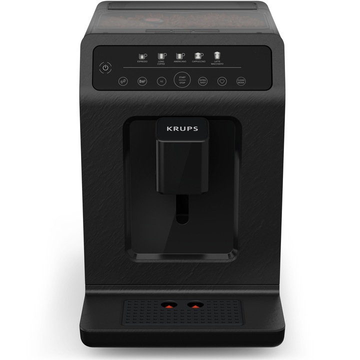 Еспресо машина Krups Evidence Eco Design EA8968E0, Автоматична, 1450W, 15 бара, 5 рецепти, Резервоар за кафе 260 г, Подвижен резервоар за вода 2,3 л, 3 температурни настройки, 5-степенна мелачка, Автоматично изключване, Черен