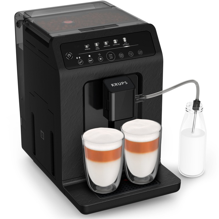 Espressor automat Krups Evidence Eco Design EA8968E0, 1450W, 15 bari, 5 retete, rezervor cafea 260g, rezervor apa detasabil 2.3L, 3 trepte de temperatura, rasnita 5 trepte, oprire automata, negru
