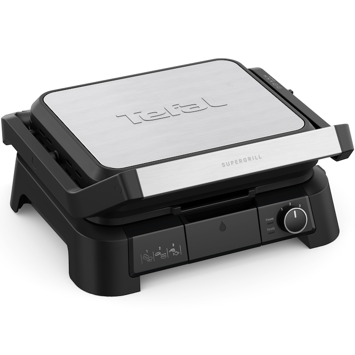 Многофункционална електрическа скара Tefal SuperGrill 3 в 1 GC510DE0, 2000W, Сваляеми плочи, Незалепващо покритие, 3 температурни настройки, Функция за фурна и барбекю, Повърхност за готвене 600 см2, Вертикално съхранение, Сребрист/Черен