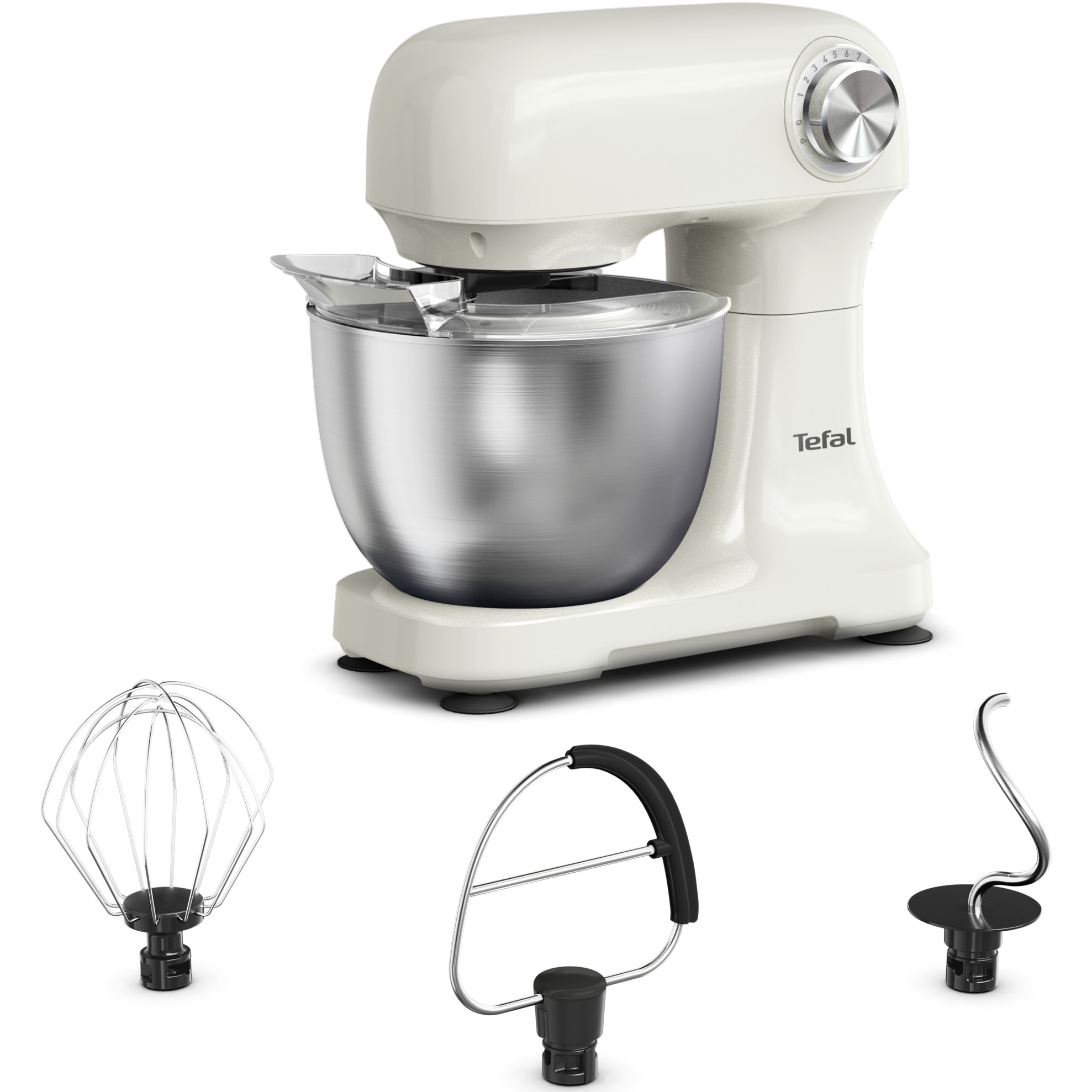 Robot de bucatarie Tefal Bake Easy QB140AF0, 500W, 12 trepte de viteza, bol 3.5L, functie Pulse, design compact, tel pentru oua, accesoriu mixat, carlig aluat, functie oprire autom