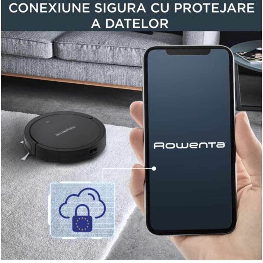 Robot de aspirare Rowenta X-Plorer Serie 50 RR7375WH, aspirator si mop, 120 min, 3 senzori, 14.8V, statie de incarcare, curatare 4 in 1, mop Smart Aqua Power, Wi-Fi, negru