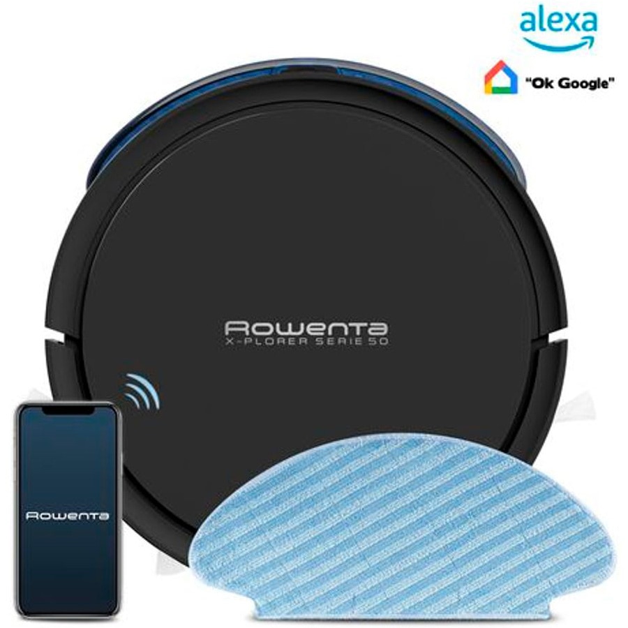 Robot de aspirare Rowenta X-Plorer Serie 50 RR7375WH, aspirator si mop, 120 min, 3 senzori, 14.8V, statie de incarcare, curatare 4 in 1, mop Smart Aqua Power, Wi-Fi, negru