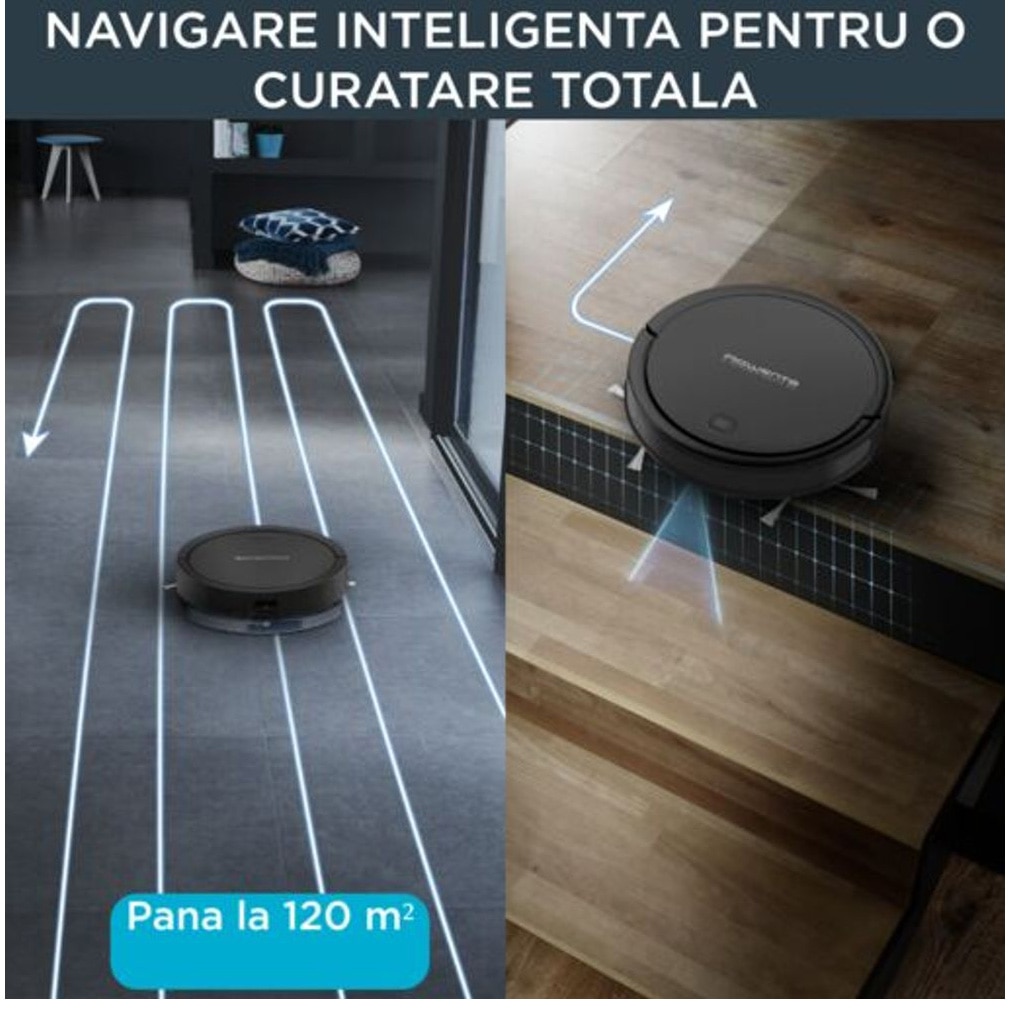 Robot de aspirare Rowenta X-Plorer Serie 50 RR7375WH, aspirator si mop, 120 min, 3 senzori, 14.8V, statie de incarcare, curatare 4 in 1, mop Smart Aqua Power, Wi-Fi, negru