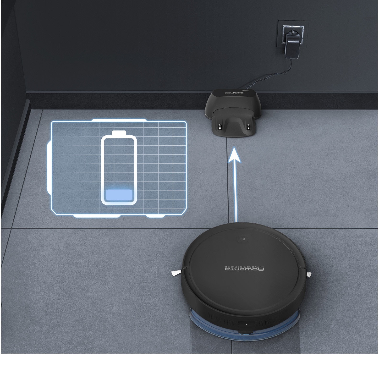Robot de aspirare Rowenta X-Plorer Serie 50 RR7375WH, aspirator si mop, 120 min, 3 senzori, 14.8V, statie de incarcare, curatare 4 in 1, mop Smart Aqua Power, Wi-Fi, negru